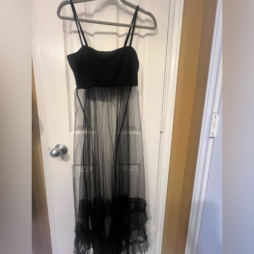 NWT Anthropologie Elegant Black Sheer Dress with Ruffles, Size Small